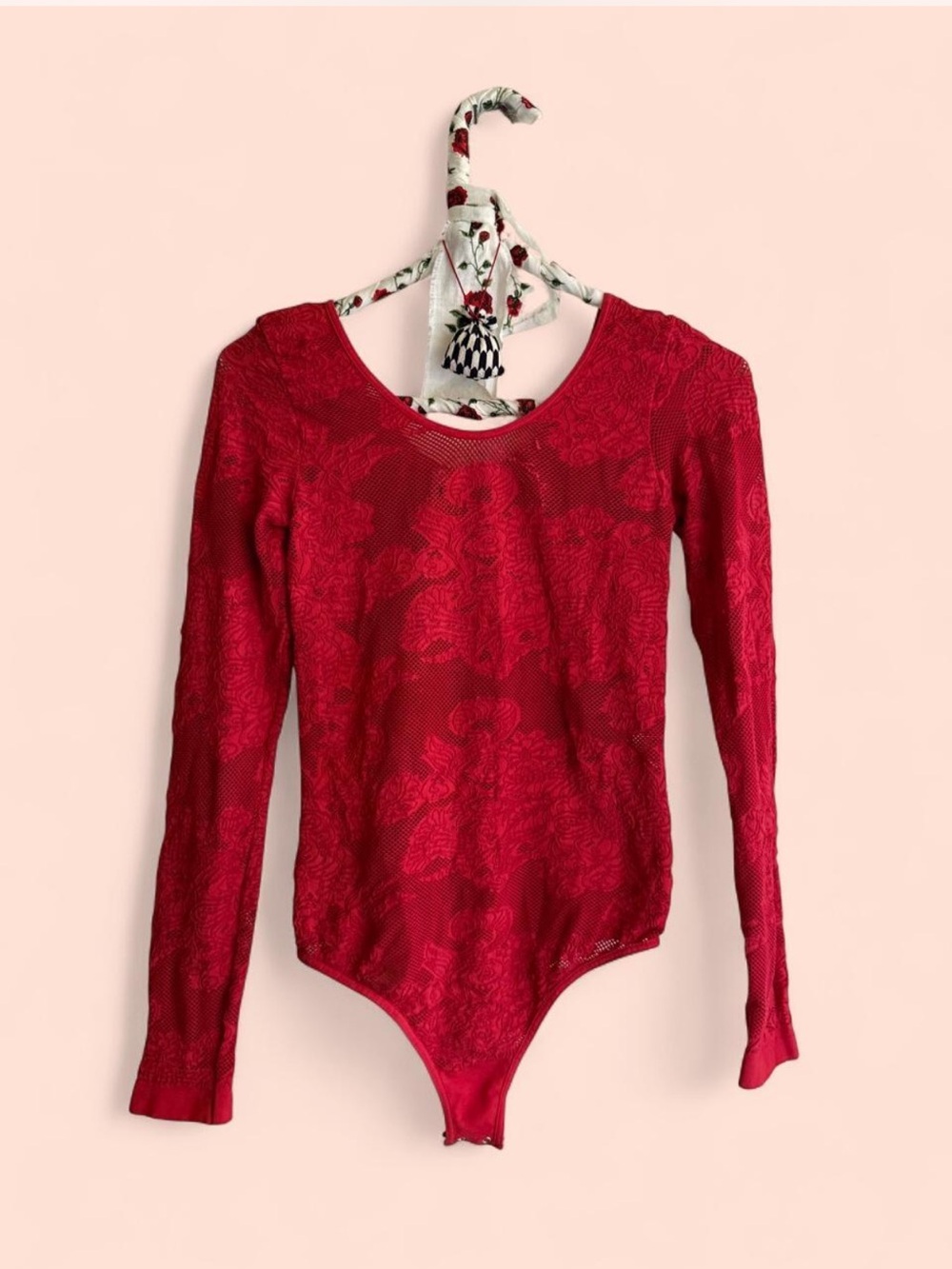 bebe Red Lace Long-Sleeve Scoop-Neck Bodysuit Small